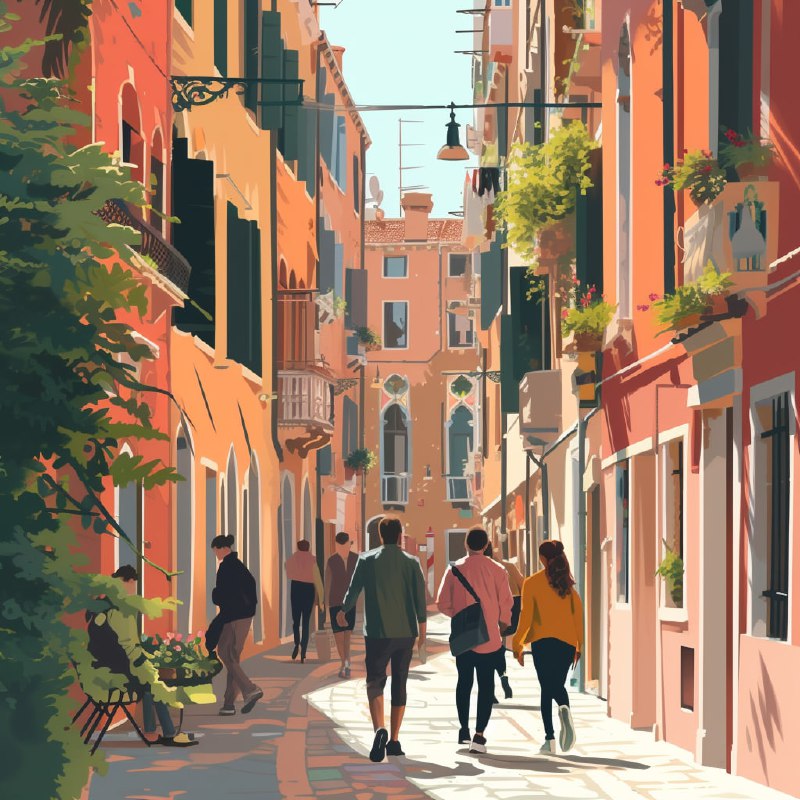 Cozy Hyperrealistic Venice Street Strolling Illustration