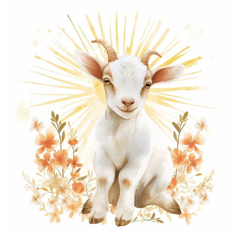 Retro Watercolor Baby Goat Clipart With Sun Rays