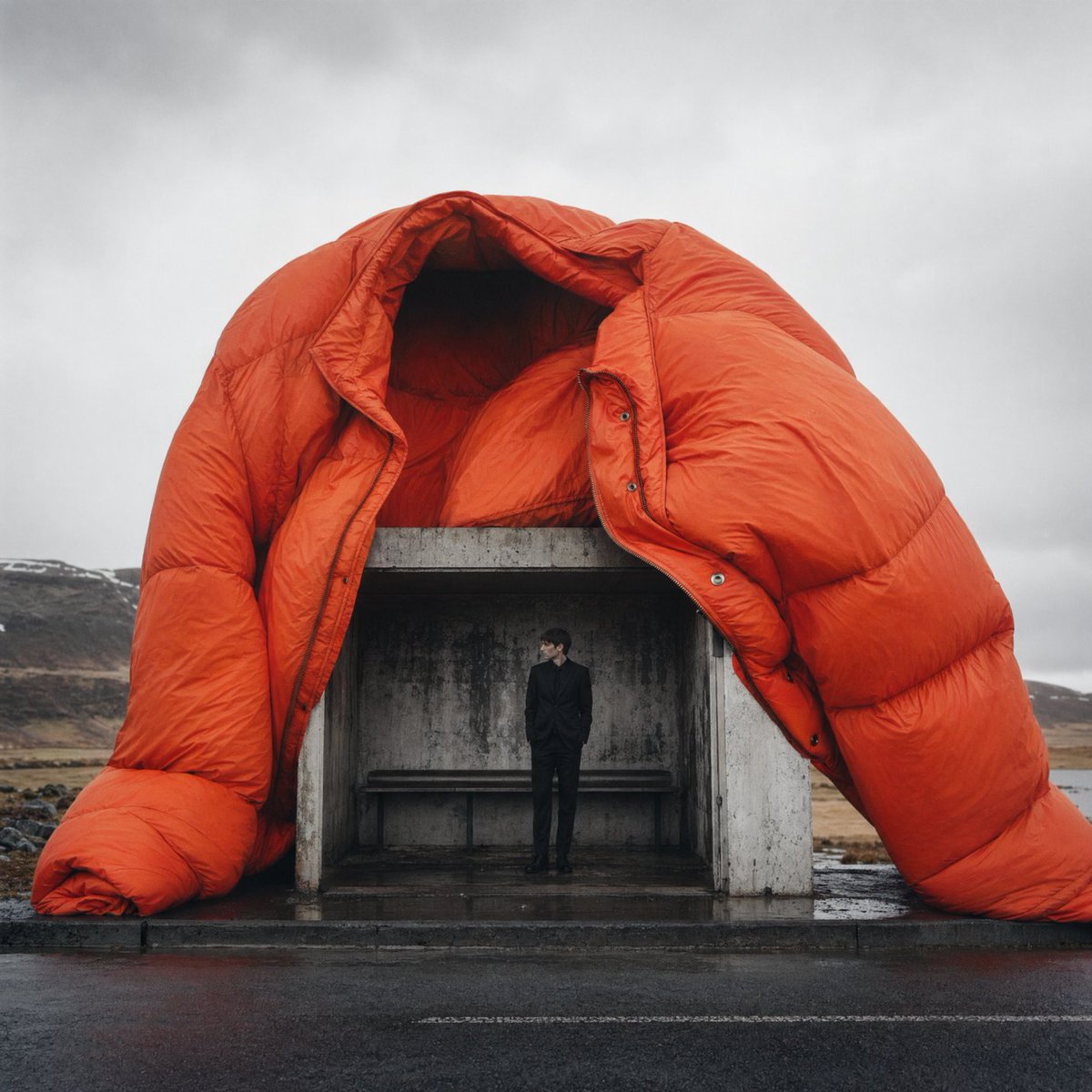 Giant Orange Puffer Tenting Iceland Bus Stop