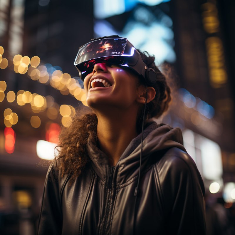 Woman in Glowing VR Headset in Neon City Night