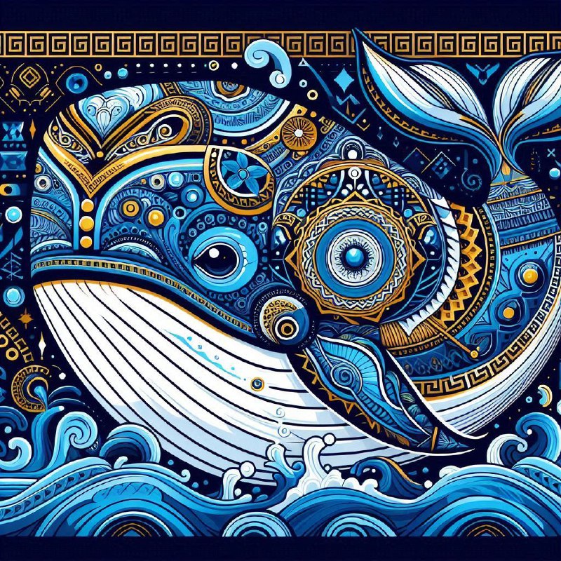 Alex Grey Style Greek Whale in Deep Blue and Gold