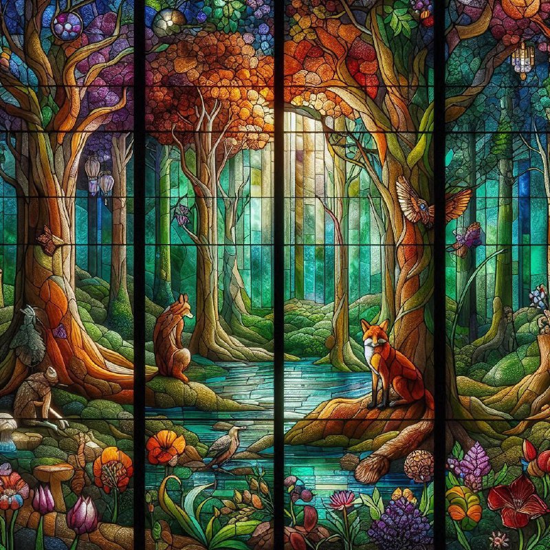 Enchanted Forest Stained Glass Window With Mystic Creatures