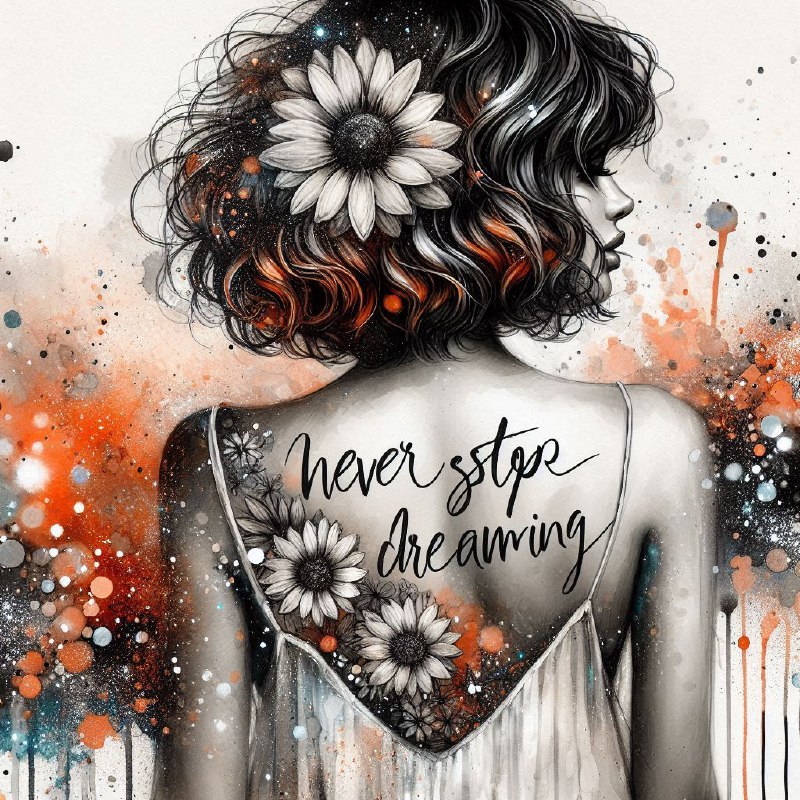 Never Stop Dreaming Back Tattoo on Woman With Daisies