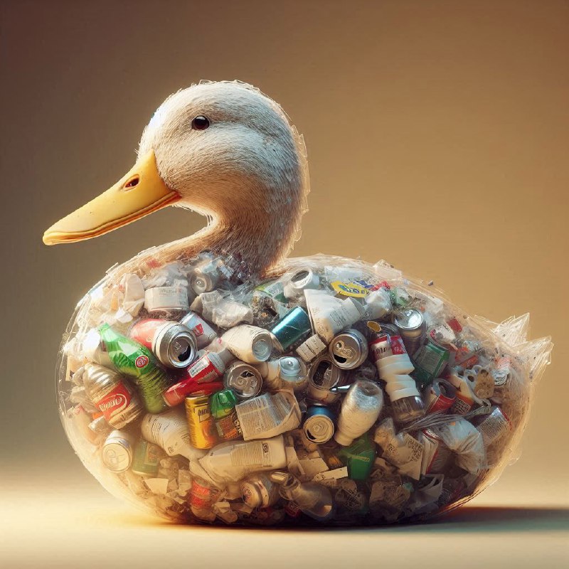 Transparent Plastic Duck Filled With Garbage Studio Shot