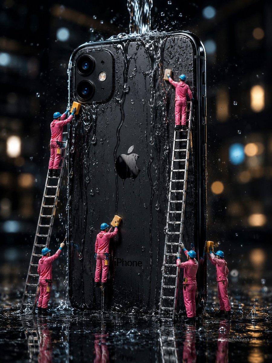 Giant Phone Cleaned In Rainy Night
