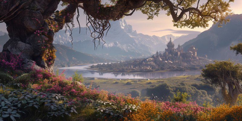 Foggy Marshland Delta With Ruined Medieval Fantasy City