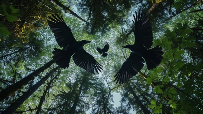Three Black Crows Circling Above a Dark Summer Forest