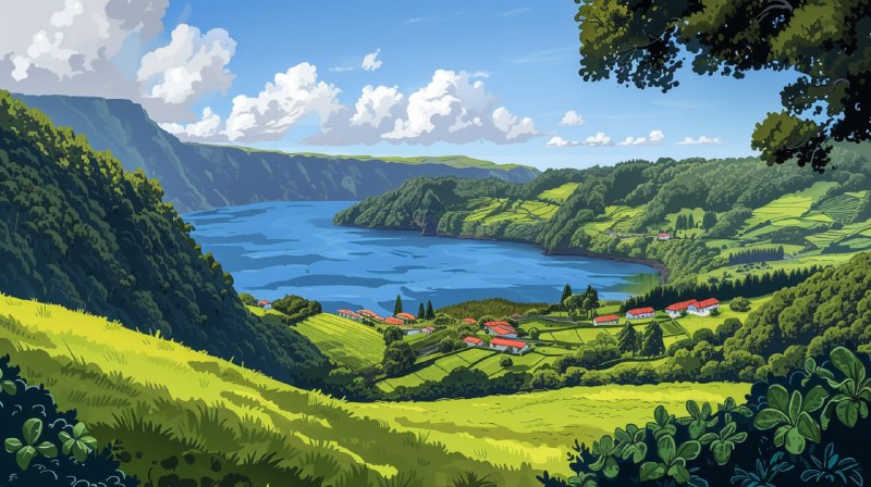Peaceful Azores Springs Cartoon Landscape Scene