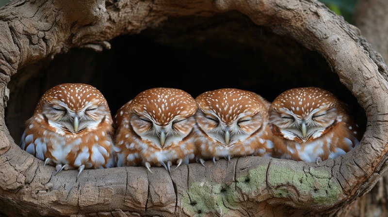 Sleepy Fuzzy Owlets Huddled on Mossy Oak Branches