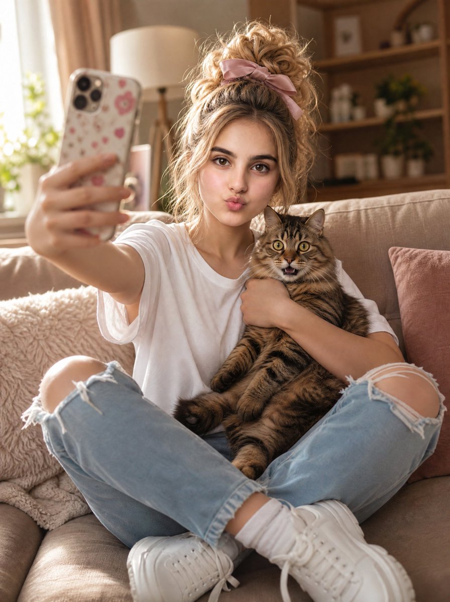 Girl Hugging Surprised Cat Selfie