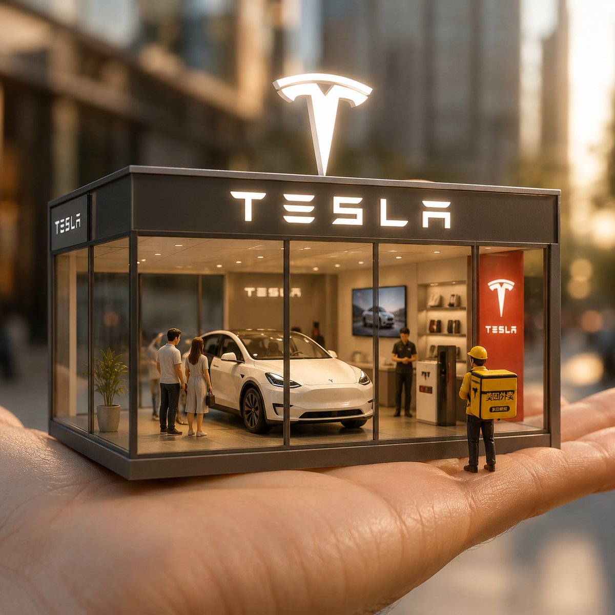 Miniature Tesla Showroom On Palm
