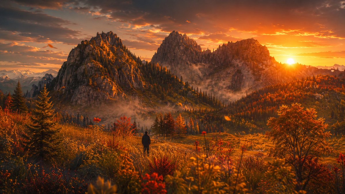 Lone Hiker Golden Peak Sunset