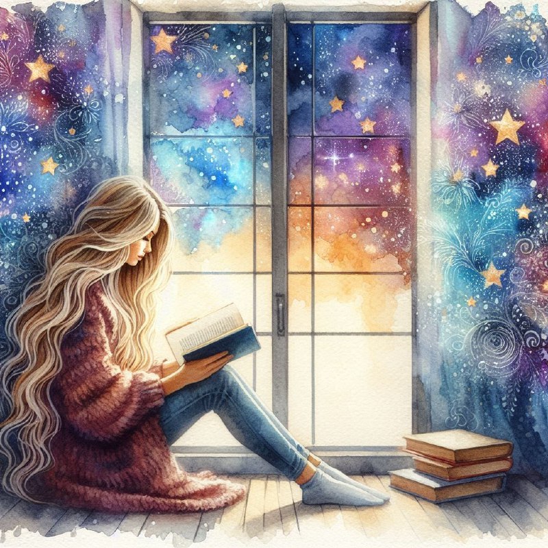 Blonde Woman Reading by Celestial Starry Window