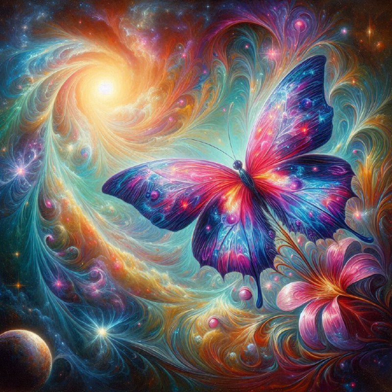 Celestial Surrealism Butterfly on Flower Oil Painting