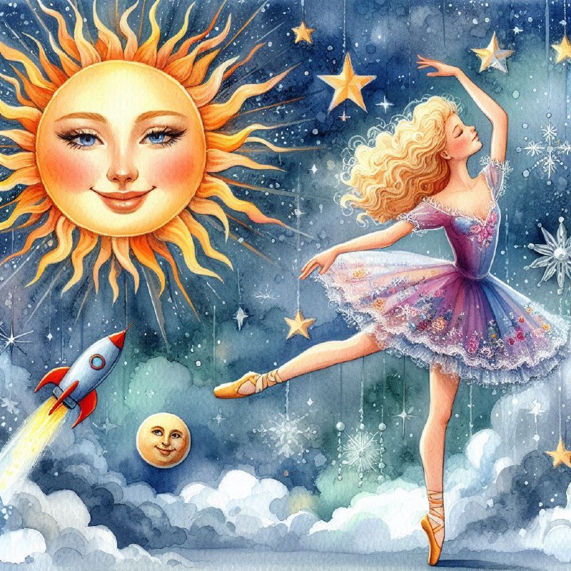 Watercolor Ballerina With Smiling Sun and Rocket Ship