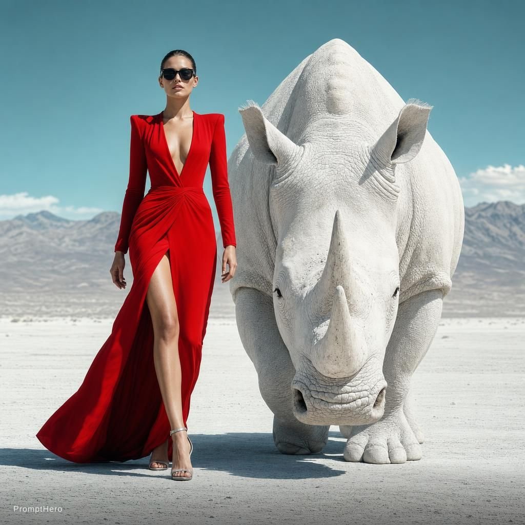Red Dress White Rhino Surreal Fashion