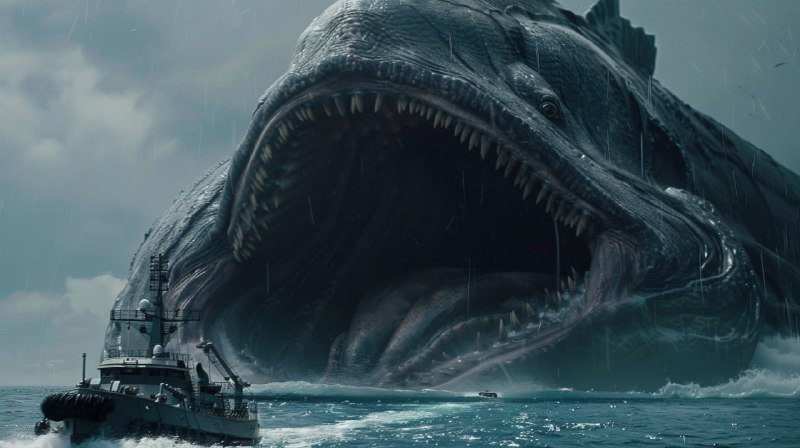 Giant Sea Worm Mouth Rising Beside Ships at Sea