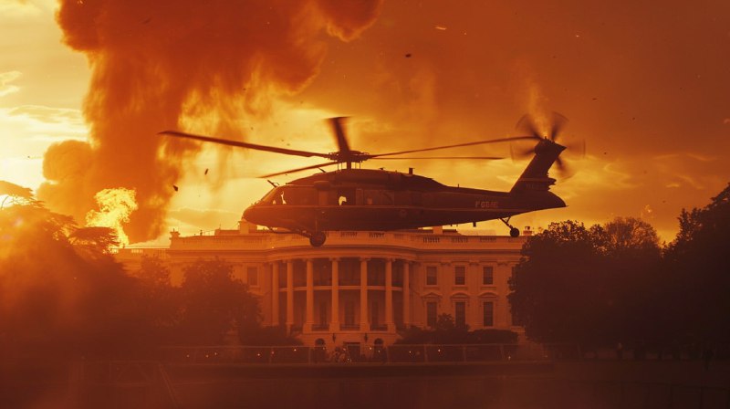 Presidential Helicopter Evacuation Over Burning Washington