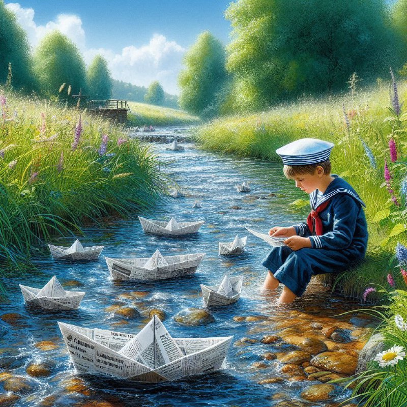 Boy in Sailor Suit With Newspapers by Sunny Stream