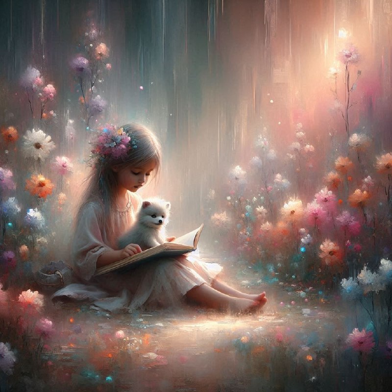 Whimsical Oil Painting of Child Reading to Her Puppy