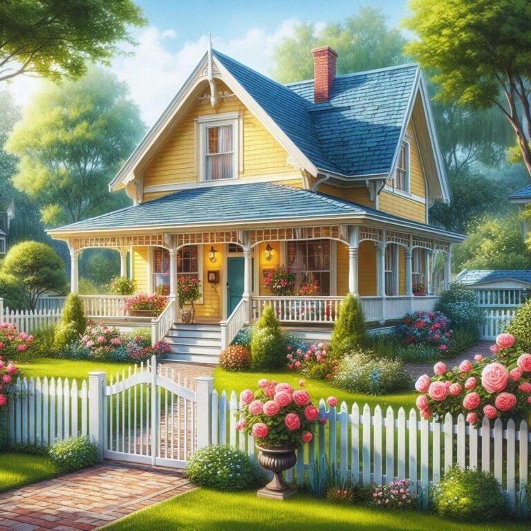 Charming Yellow Cottage With Pink Roses