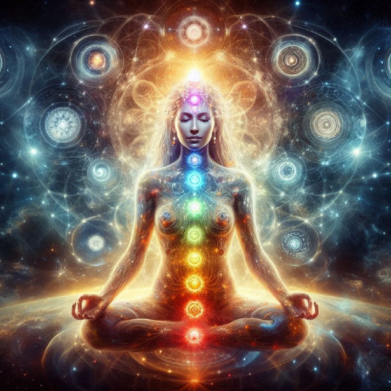 Spiritual Mother With Glowing Chakras in Celestial Space