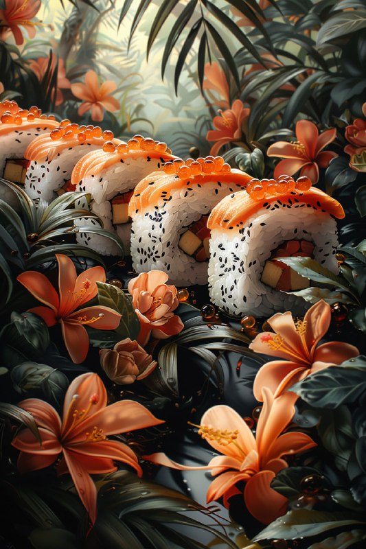 Vintage Luxurious Sushi Rolls in Dark Tropical Forest