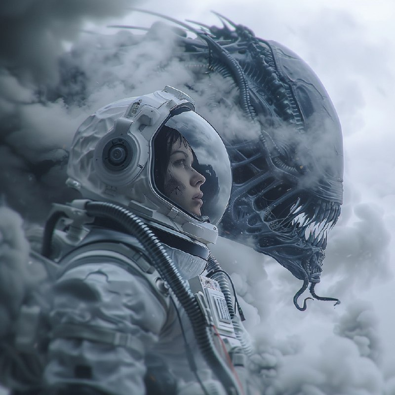 Afrofuturist Astronaut With Slimy Xenomorph Behind Her