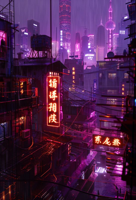 Neon Rooftop Signs in Gloomy Purple Asian Metropolis