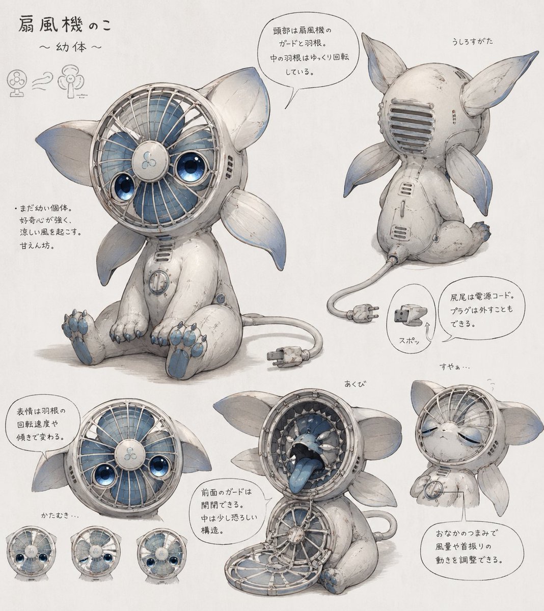 Cute Electric Fan Creature Concept Sheet