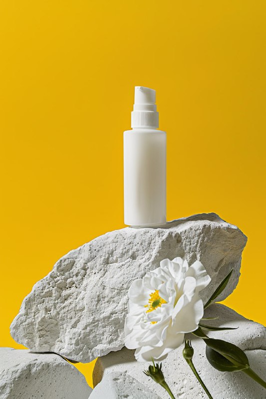 White Face Cream Bottle on Rock With Yellow Gradient