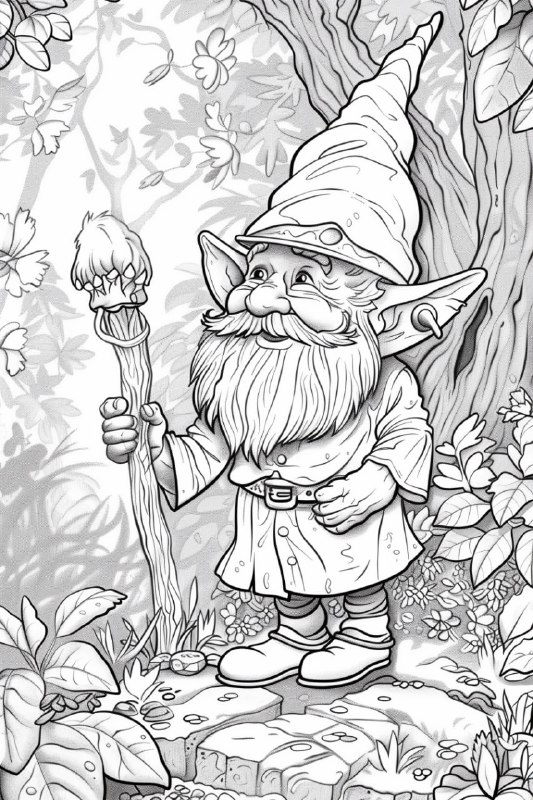 Curious Gnome in the Human World Adult Coloring Book