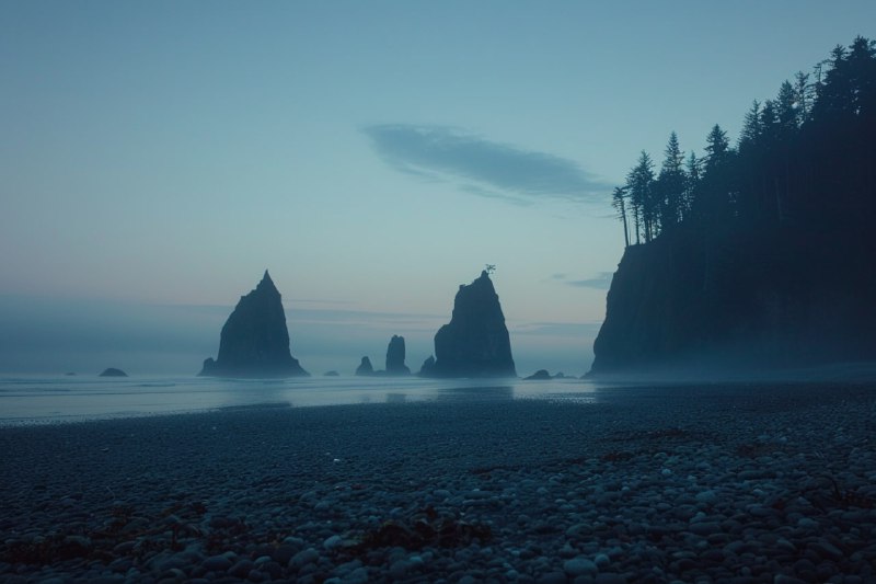 Twilight Sea Stacks Rising From Misty Waters at Dusk