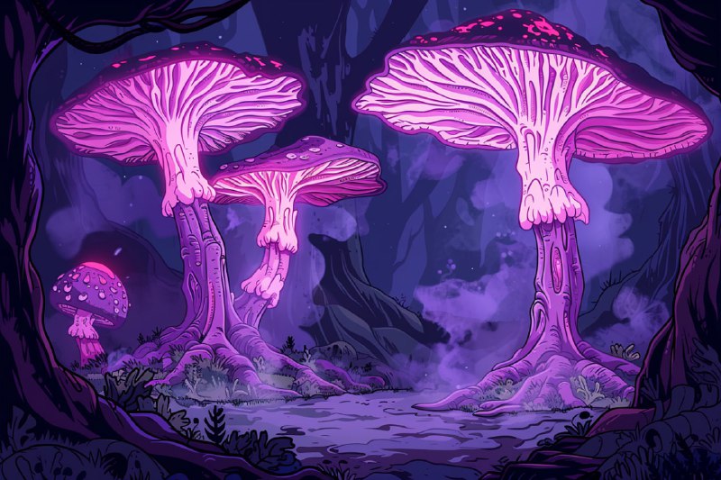 Cartoon Cave of Giant Mushrooms in Toxic Purple Fog