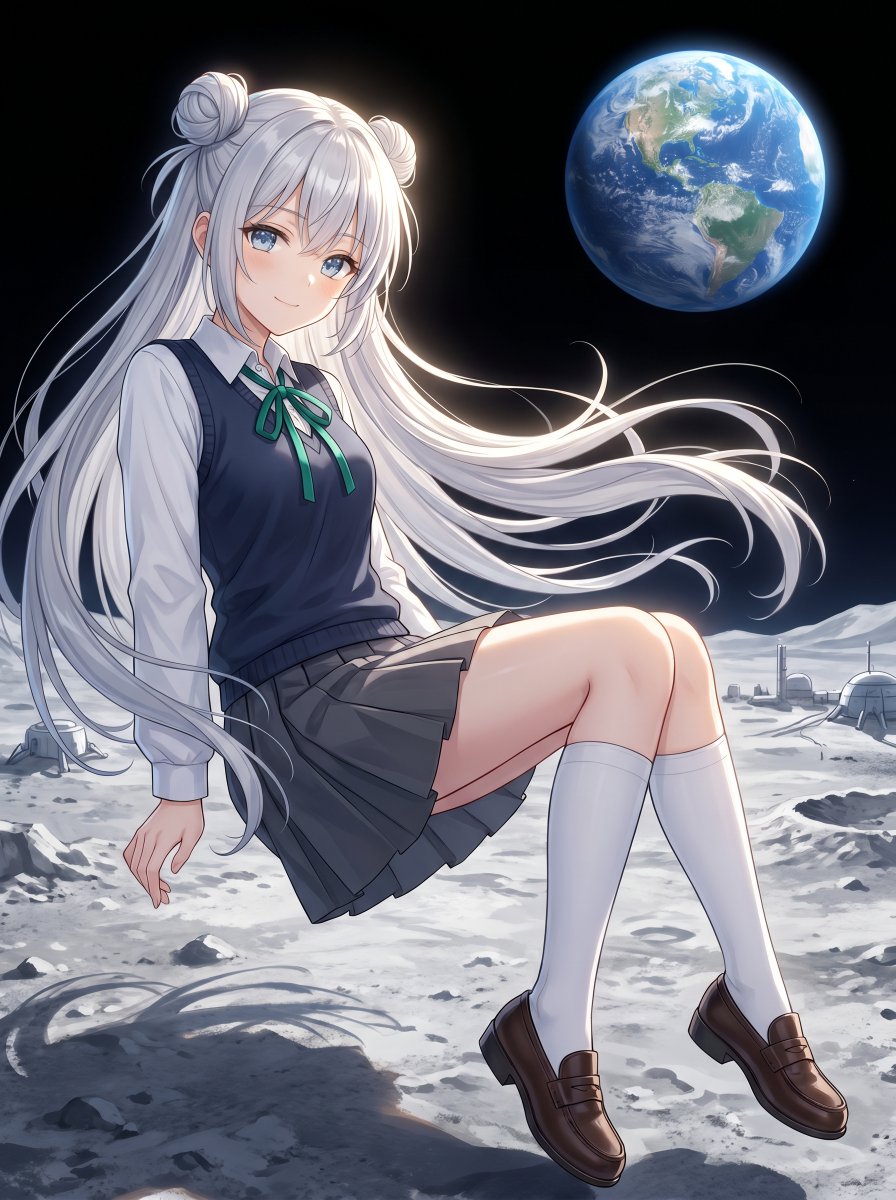 Anime Girl Floating on Moon Surface