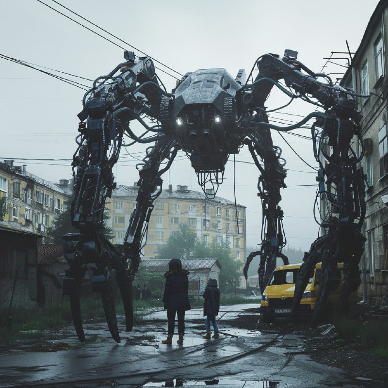 Spider Mech Robot Menacing a Russian Neighborhood