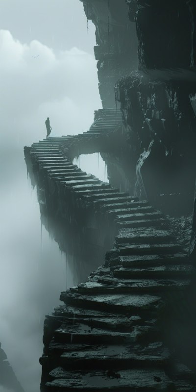 Creature Climbing a Long Curving Staircase Vista