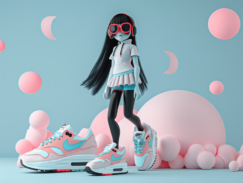 Quirky Nike Girl Polaroid in Bubblegum Pink and Blue