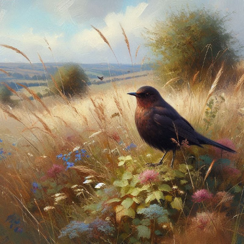 Small Blackbird in Overgrown Field Oil Painting