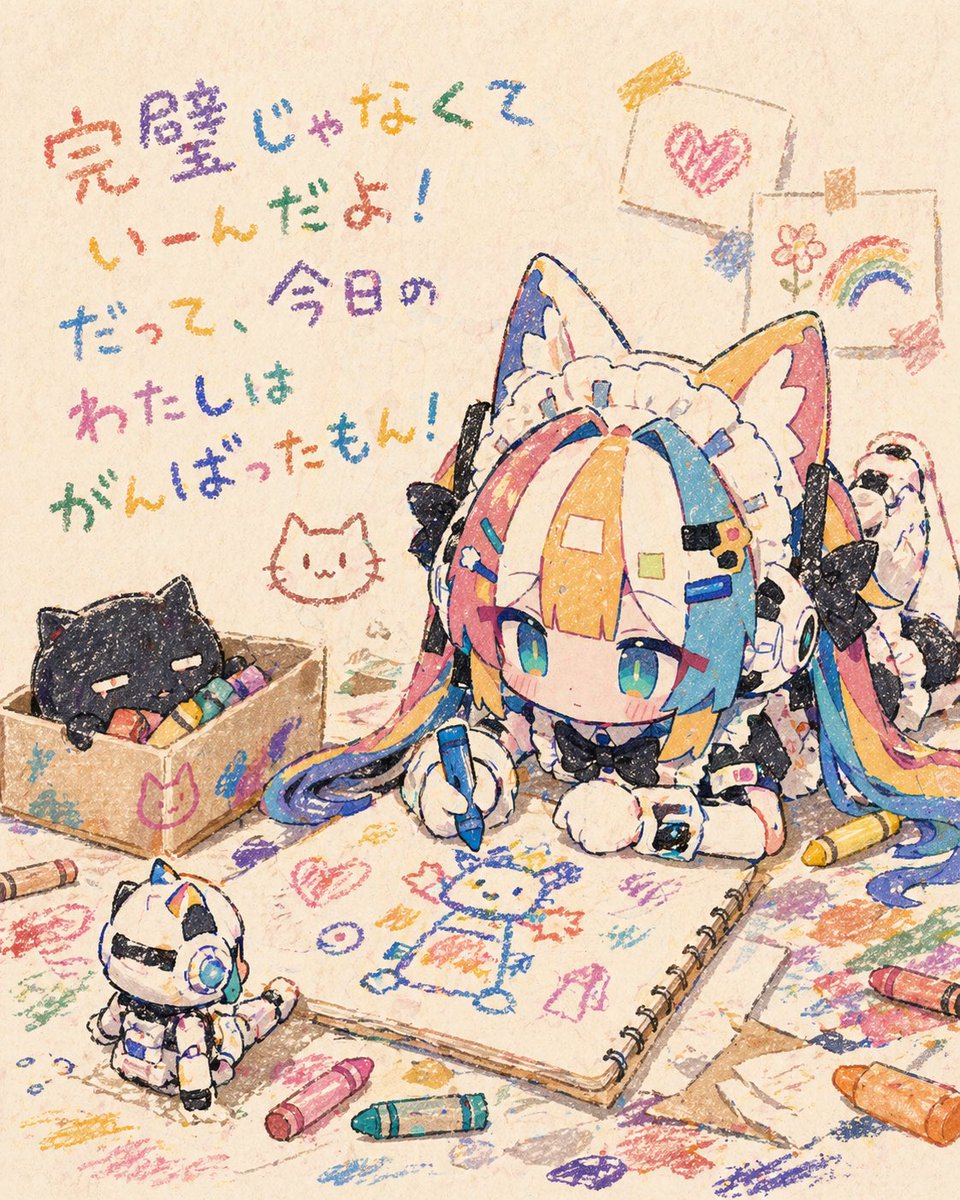 Chibi Cat Maid Crayon Art