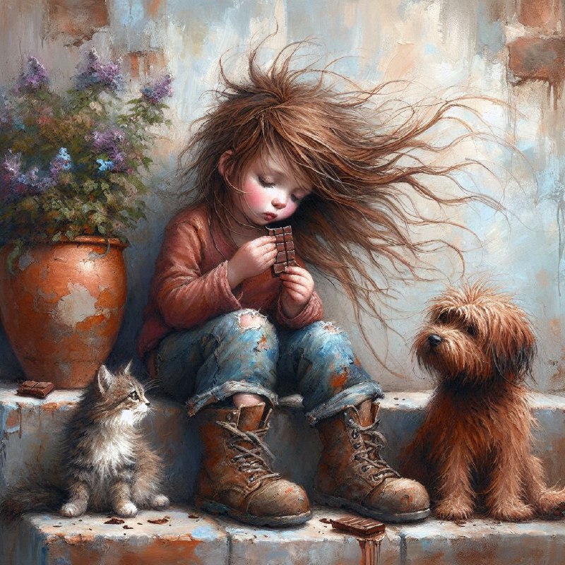 Whimsical Scruffy Girl Eating Chocolate With Dog and Cat