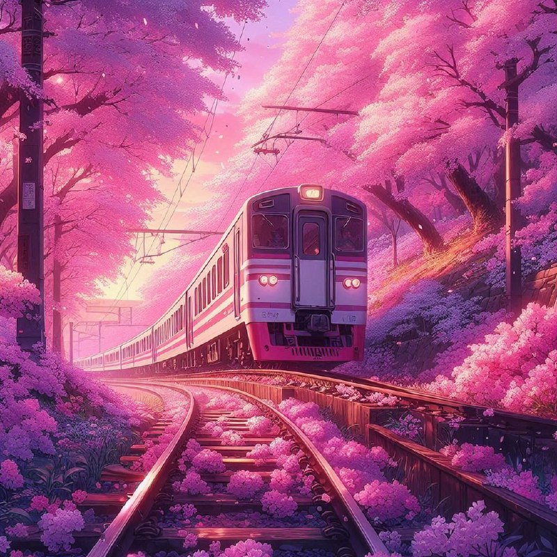 Anime Train Passing Through Cherry Blossoms in Bloom