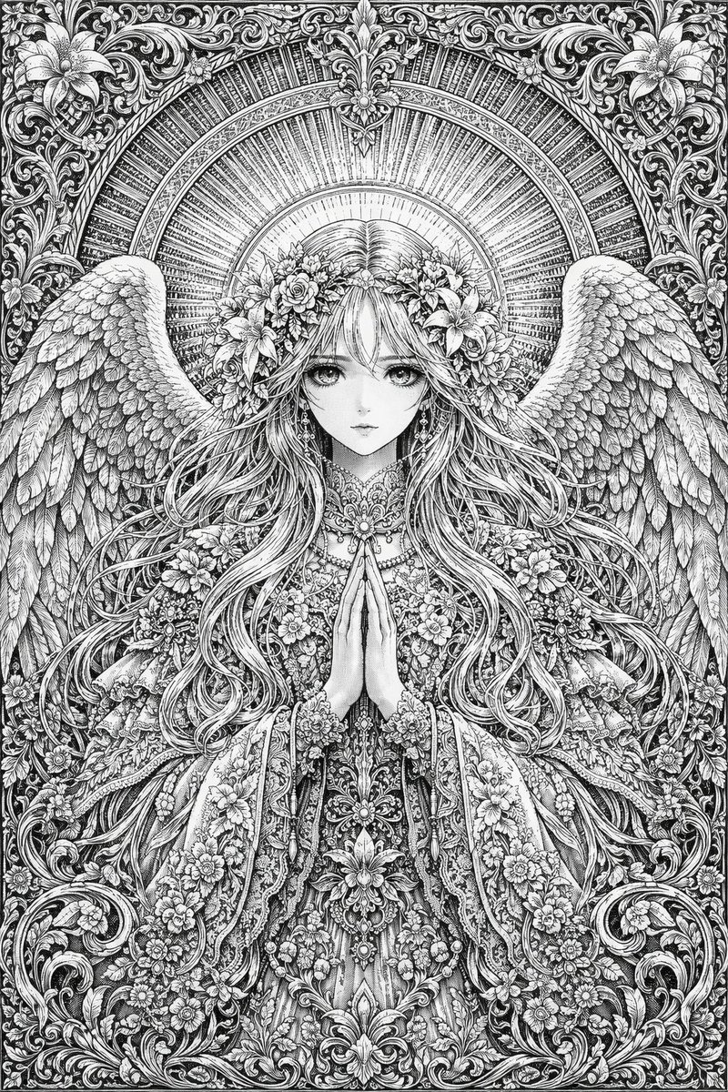 Intricate Anime Angel Line Art