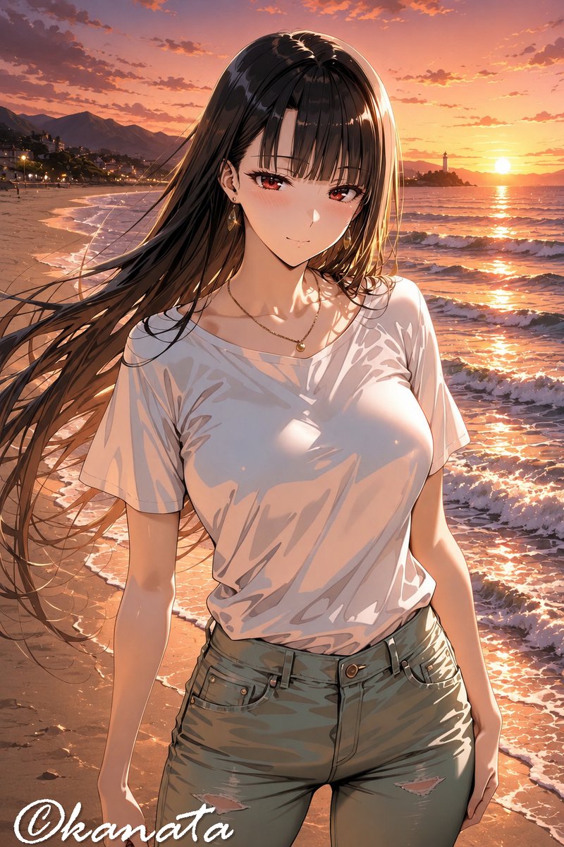 Sunset Beach Anime Girl Silhouette
