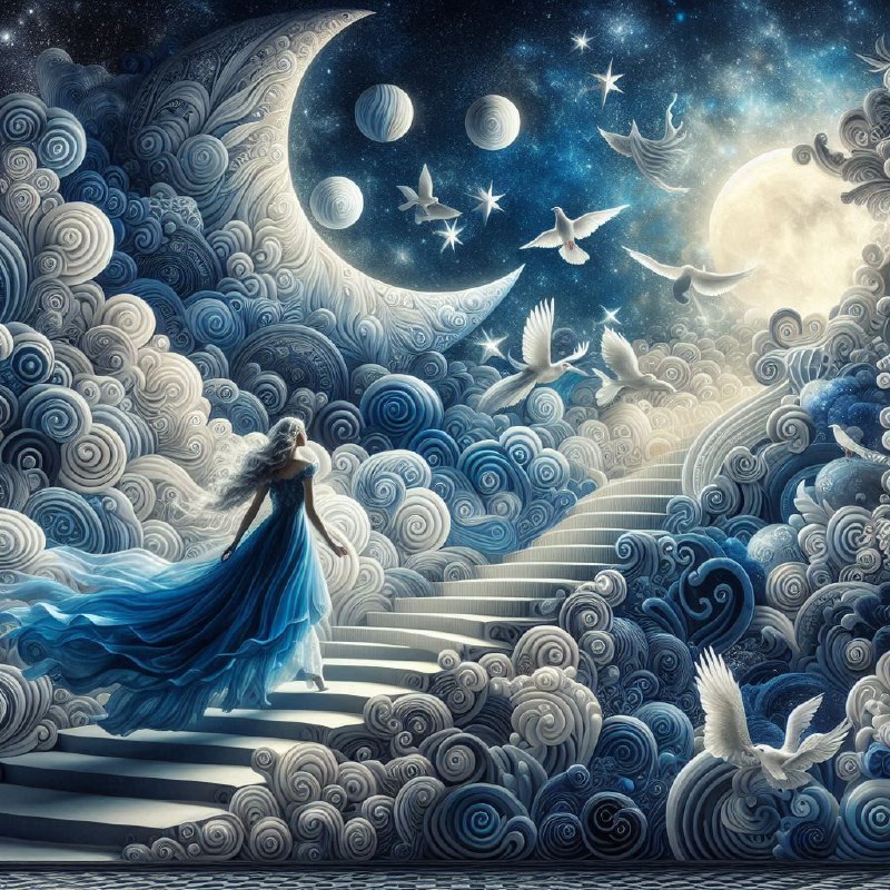 Woman in Blue Gown Ascending Swirling Staircase to Moon