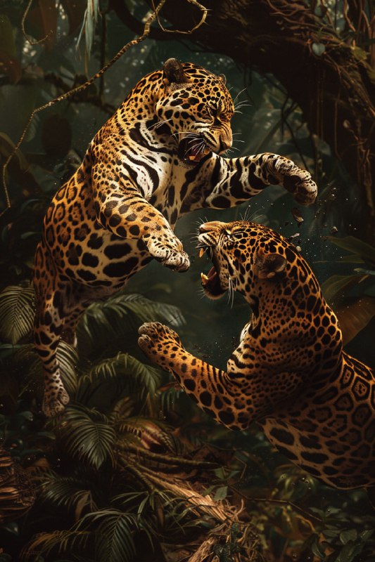 Two Jaguars Battling in High Contrast Jungle Scene