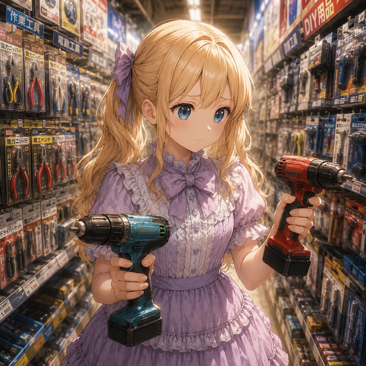Anime Girl Shopping Drills in Hardware Store