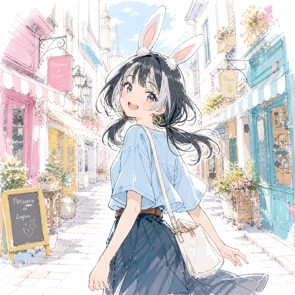 Bunny Girl Spring Street Watercolor