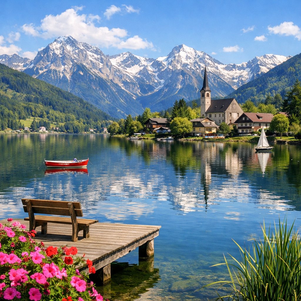Breathtaking Alpine Lake Village Landscape