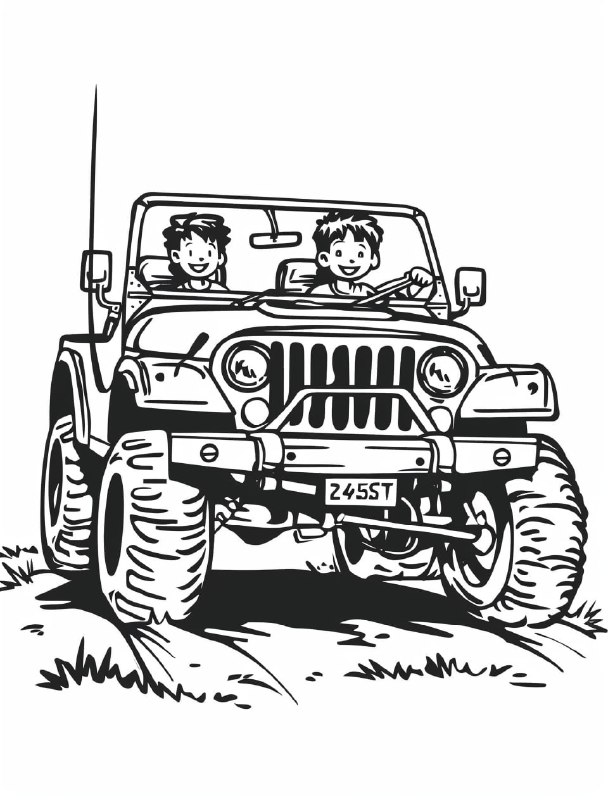 Kids Riding in a Jeep Coloring Page Line Art